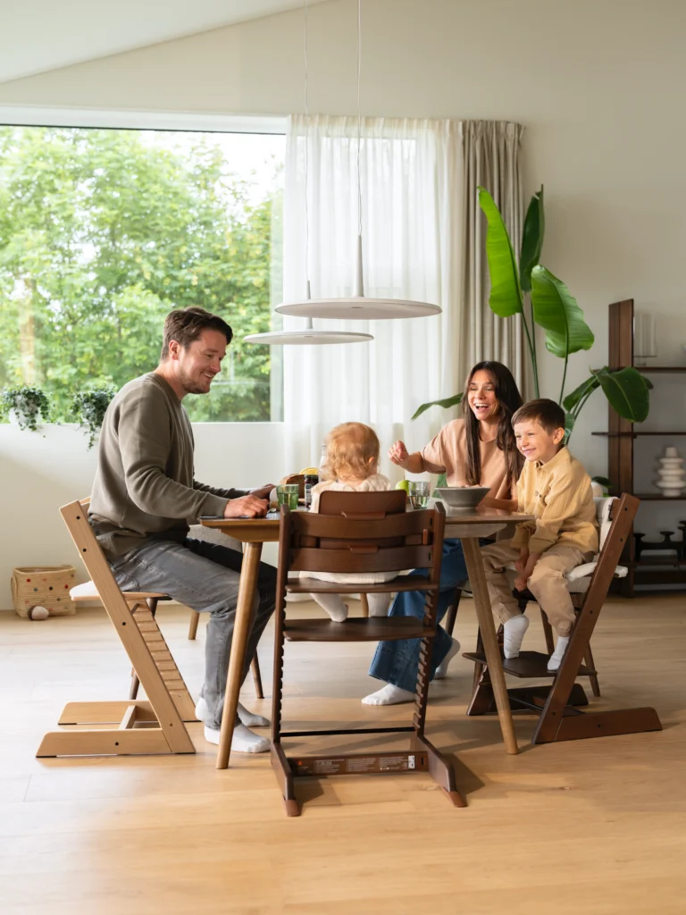 familie-esstisch-frau-dunkle-haare-bub-baby-tripptrapp-pflanze-lachen